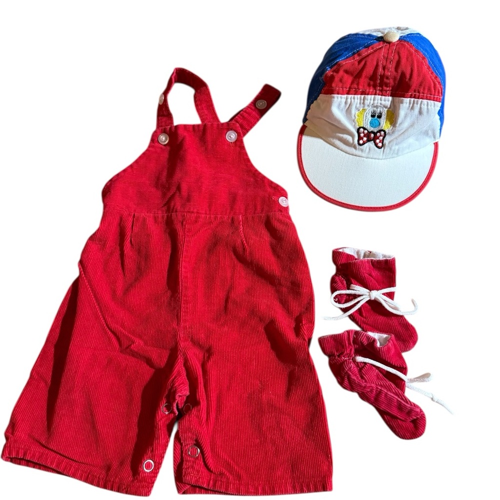 VTG JCPenney Toddletime Red Corduroy Overalls & Clown Hat Set Size 1/2